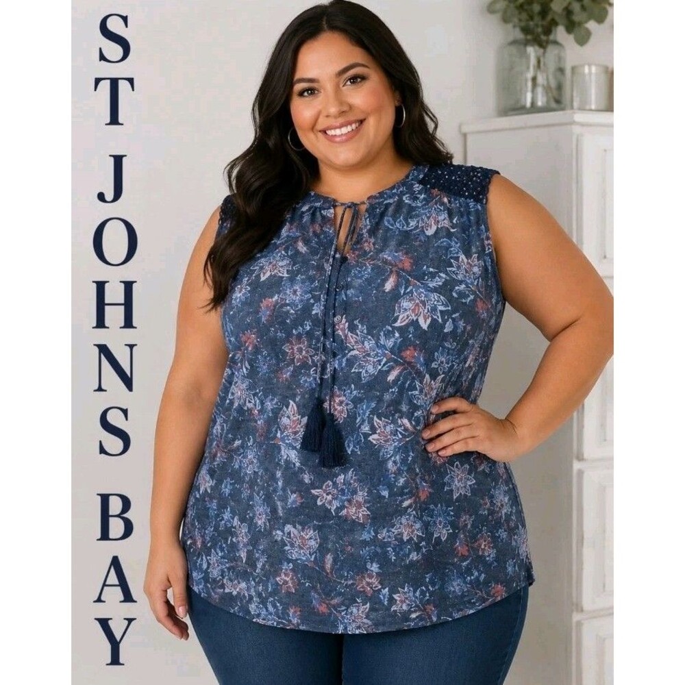 ST JOHNS BAY Womens XXL Floral Smocking Peasant Sleeveless Boho Tassels Blue Top